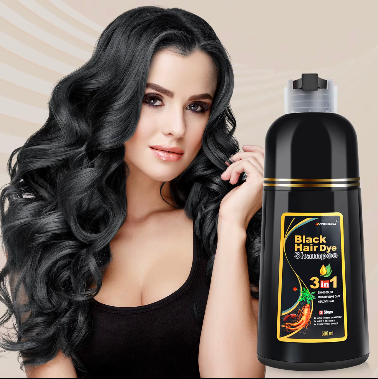 MEIDU-champú de tinte para el cabello negro 3 en 1,