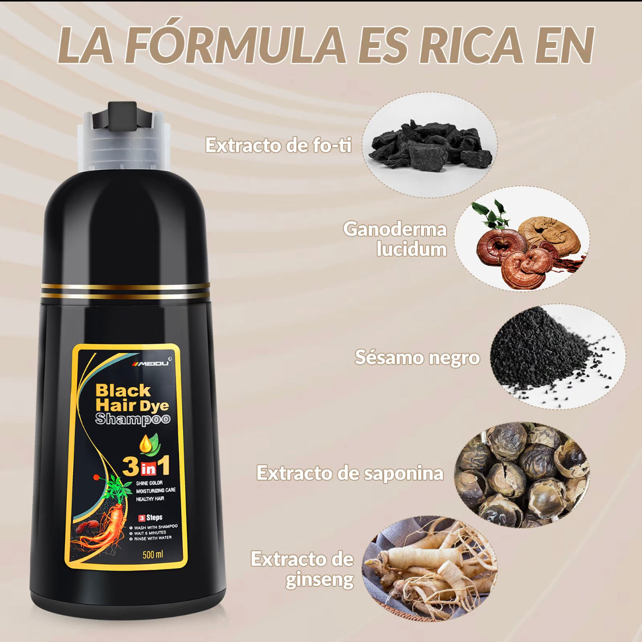 MEIDU-champú de tinte para el cabello negro 3 en 1,