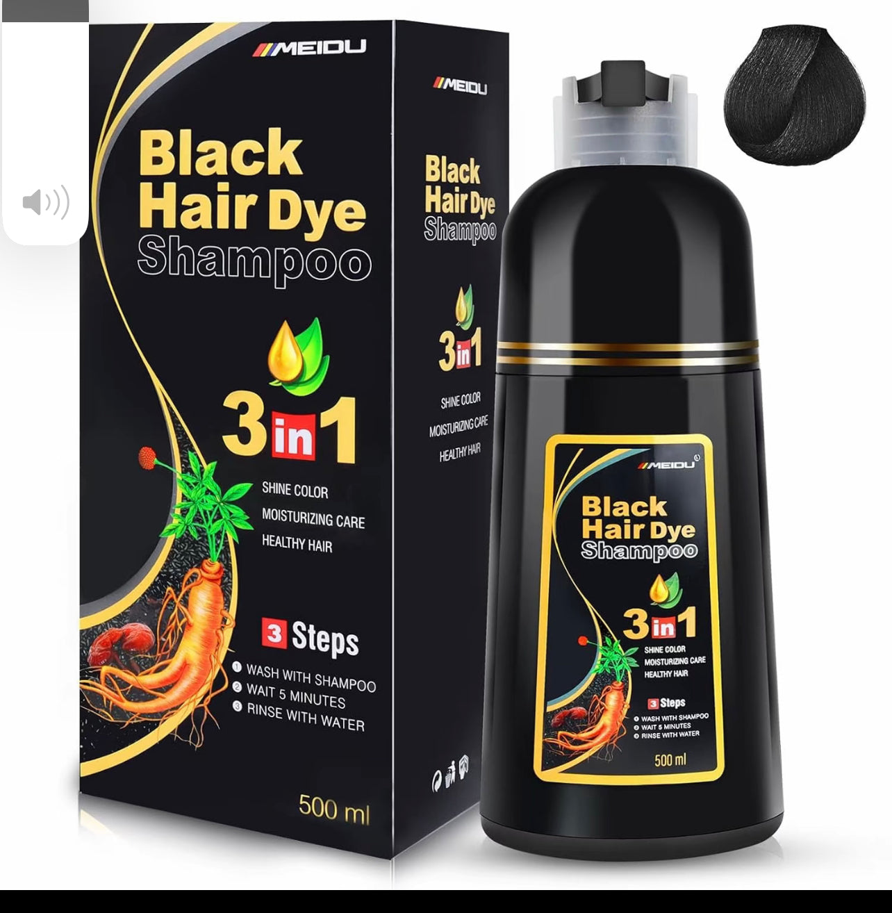 MEIDU-champú de tinte para el cabello negro 3 en 1,