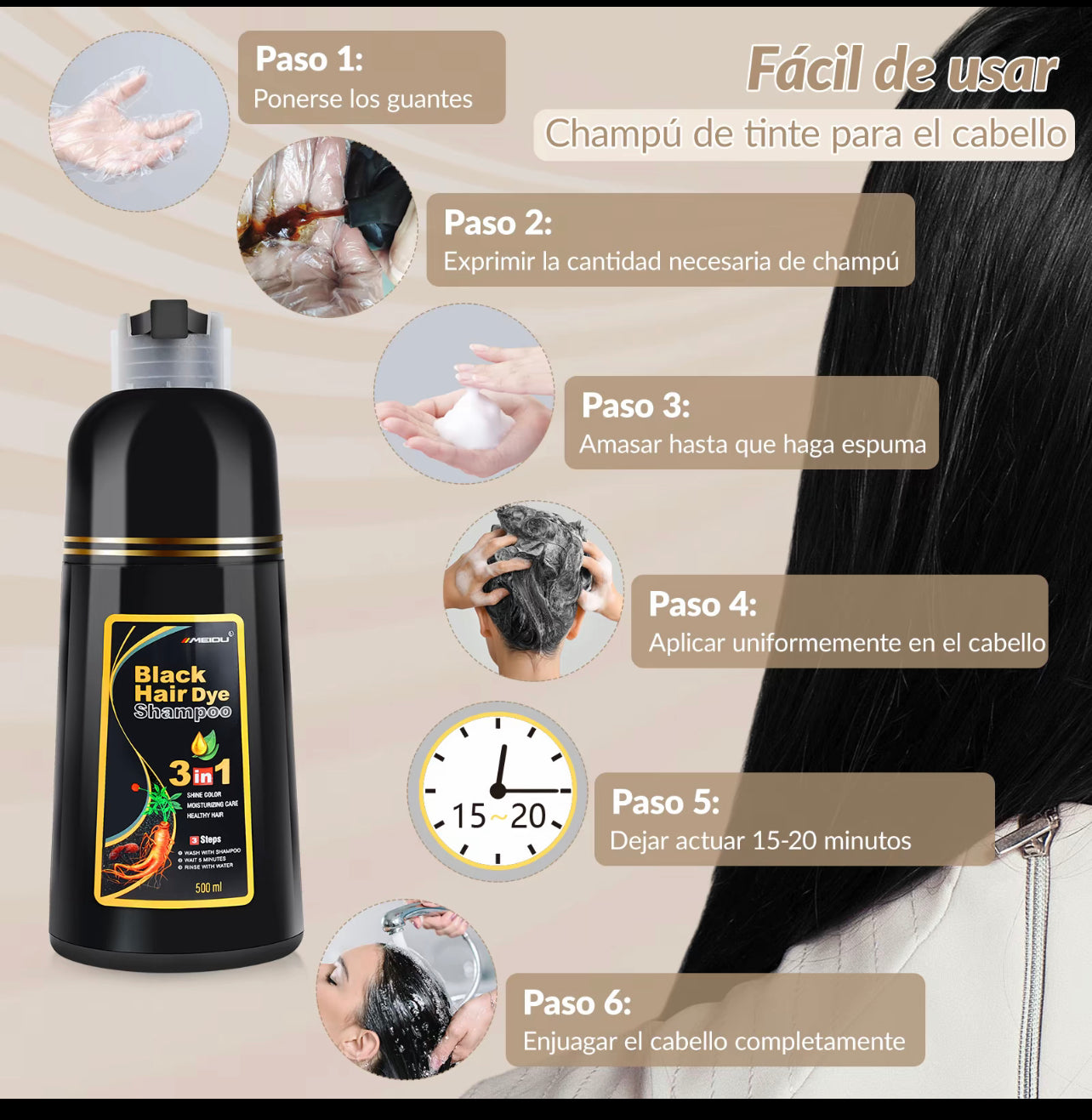MEIDU-champú de tinte para el cabello negro 3 en 1,