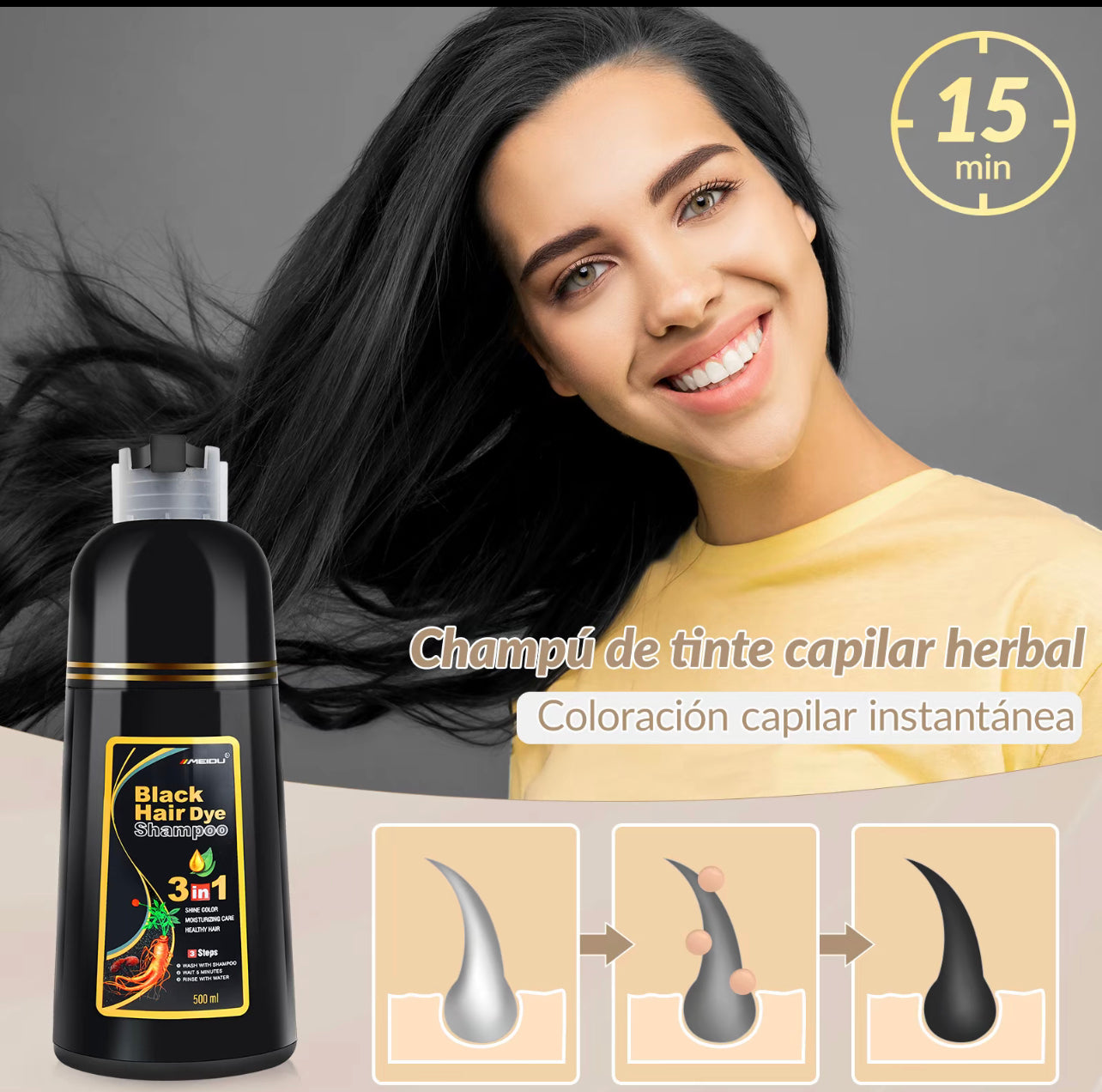 MEIDU-champú de tinte para el cabello negro 3 en 1,